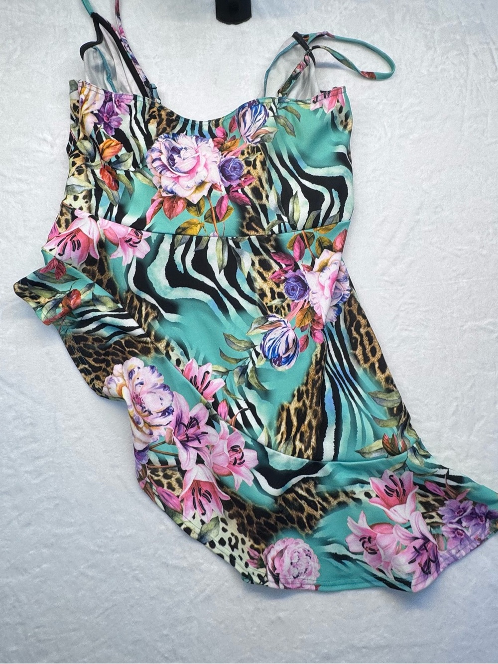 Venus Floral Animal Print Faux Wrap Dress XL Side Tie Stretch - Picture 10 of 10